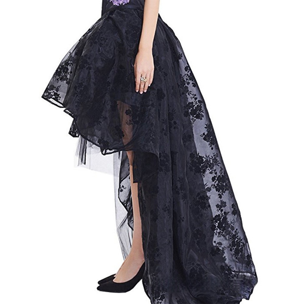 Victorian Gothic High Low Skirt With Black Floral Lace And Layered Mesh Design